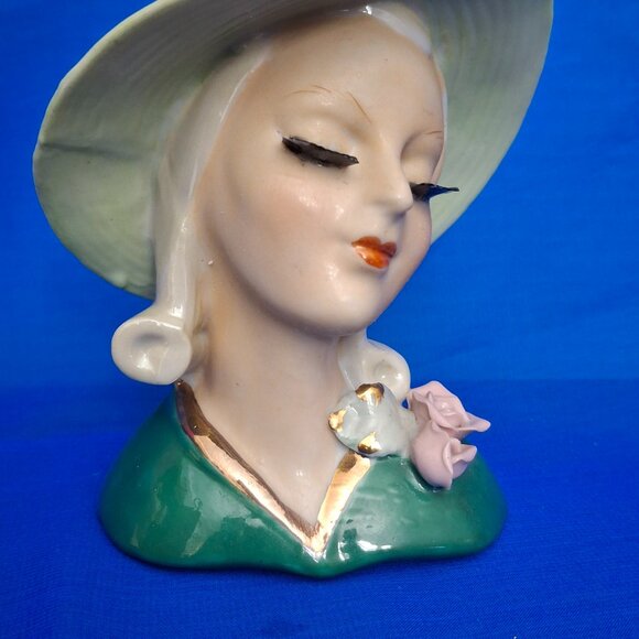 Vintage Ucagco Porcelain Green Hat Lady Head Vase - Picture 6 of 7